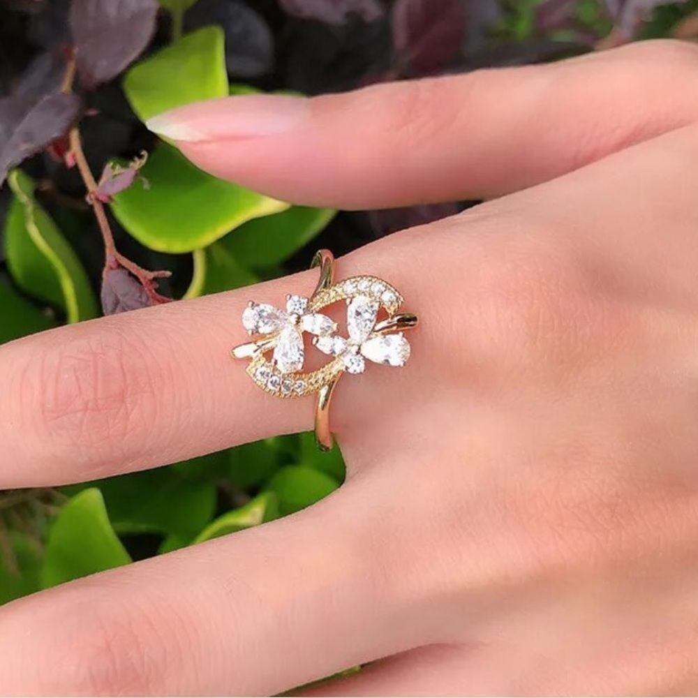 Gold-tone Open Work Floral CZ Ring